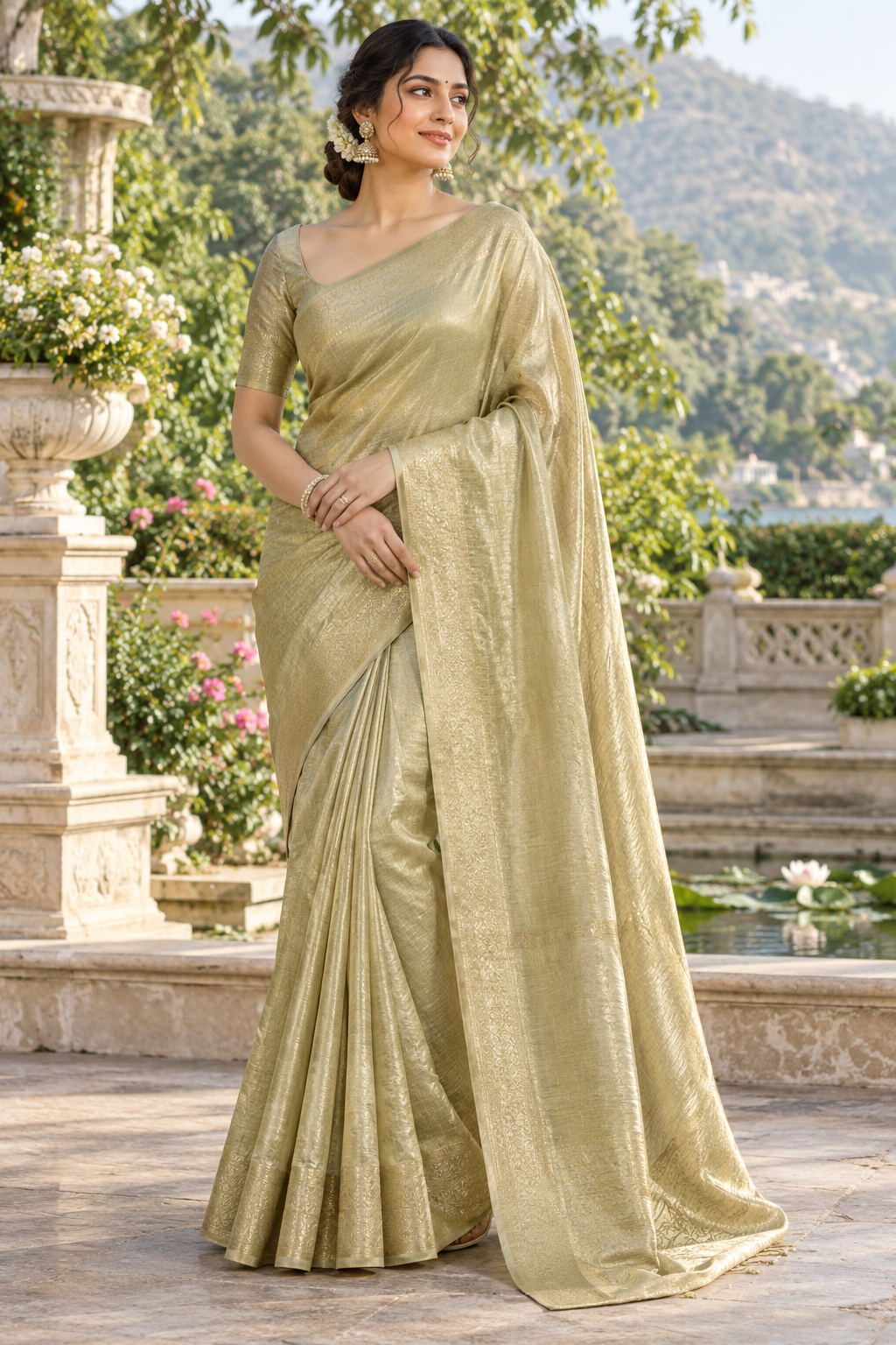Regal Olive Gold Metallic Tissue Silk Saree with Subtle Self-Woven Border Main image