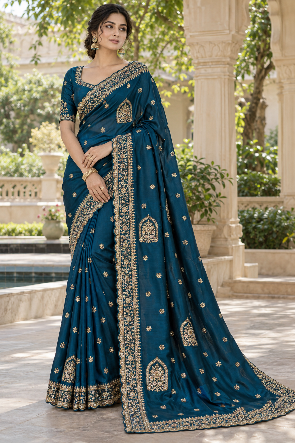 Peacock Blue Silk Saree with Antique Gold Zardozi Arch Motifs & Scalloped Cutwork Border Main image