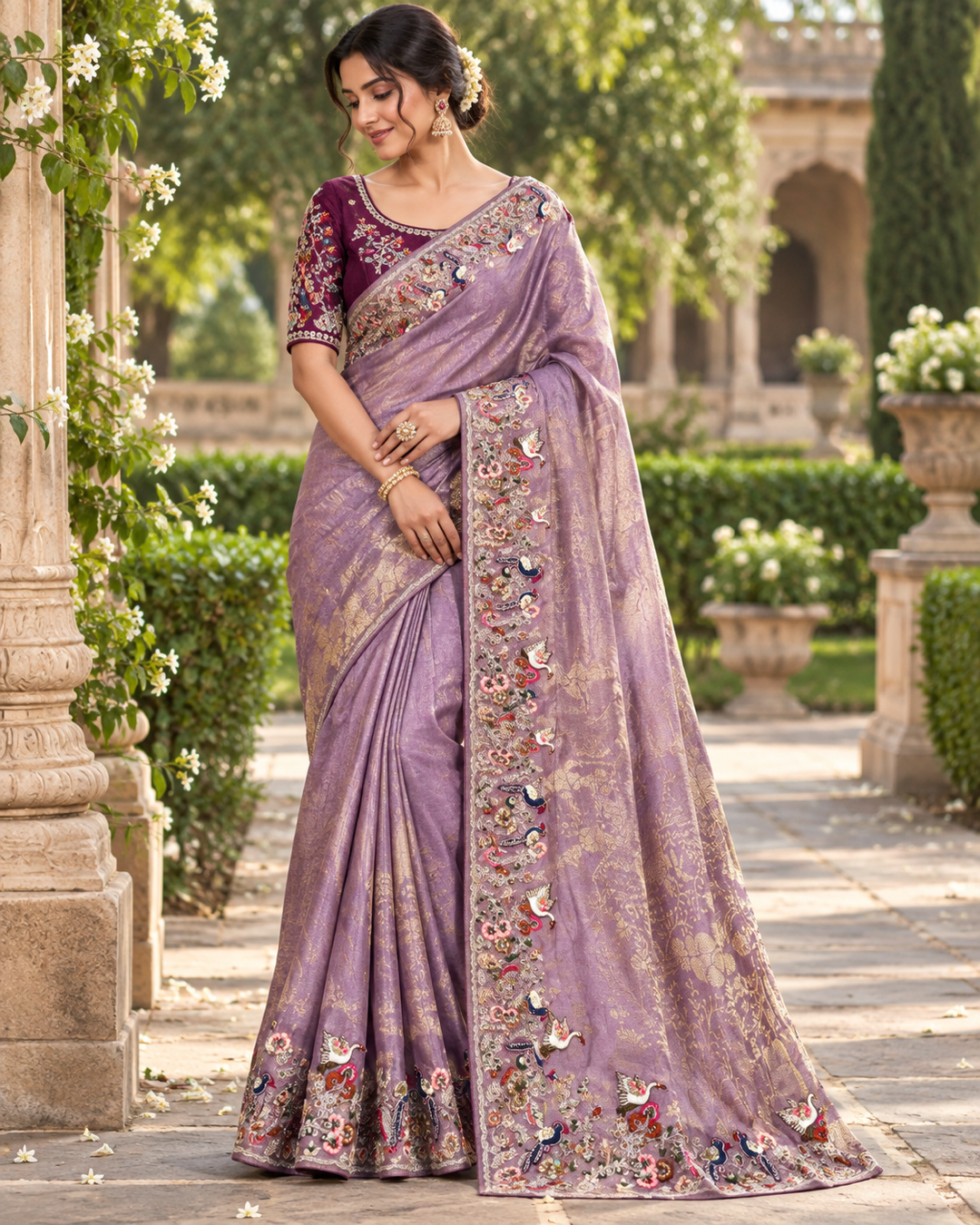 Lavender Saree with Embroidered Peacock Border Main image