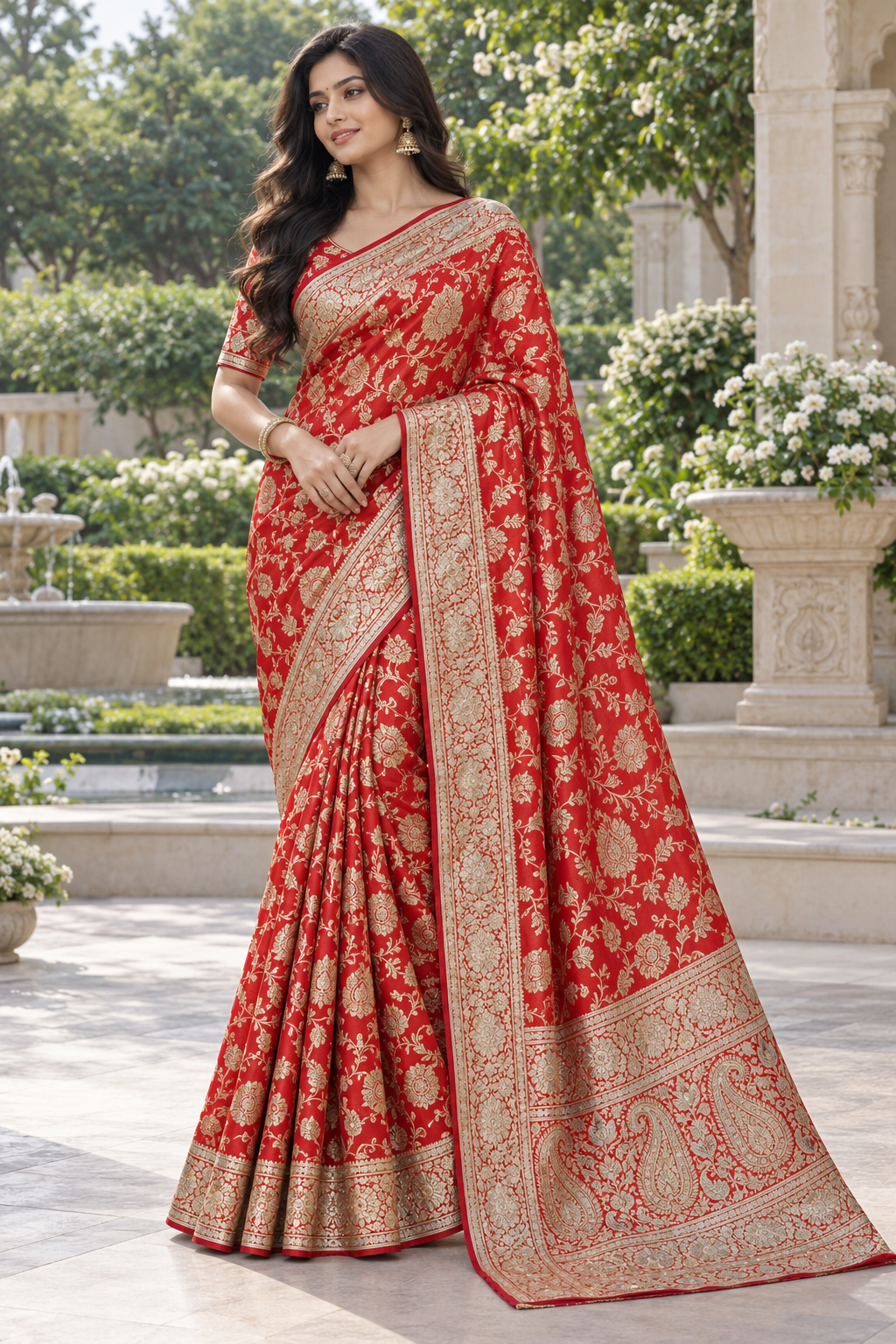 Regal Crimson Red Banarasi Silk Saree with Woven Gold Floral Jaal & Paisley Pallu