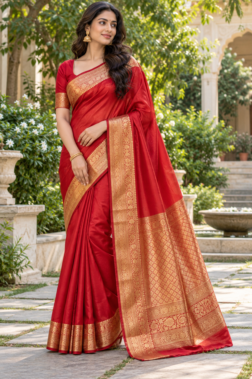Regal Crimson Red Raw Silk Saree with Traditional Gold Zari Woven Border & Diamond Lattice Pallu