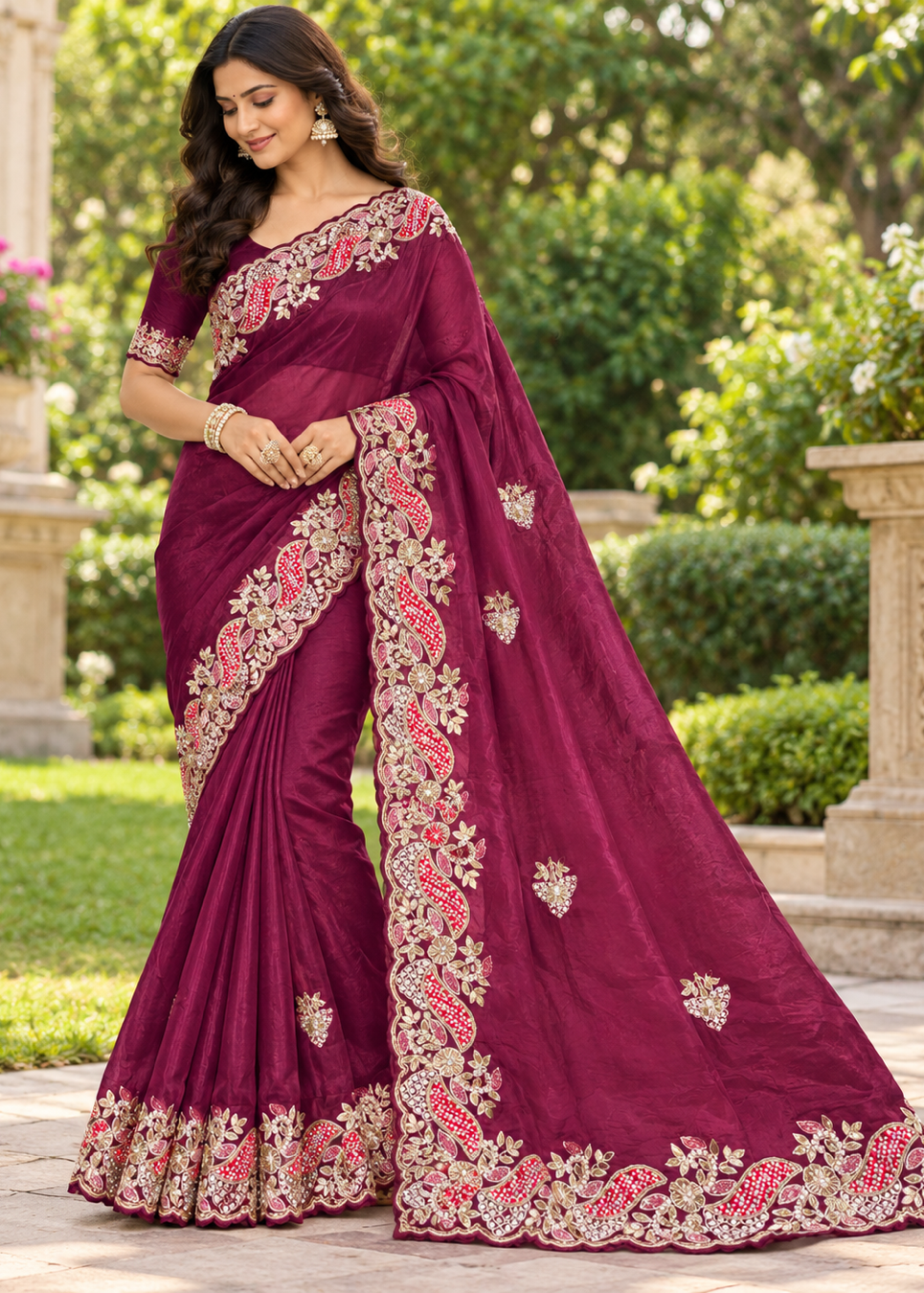 Deep Wine Purple Silk Saree with Paisley Scalloped Cutwork Border &amp; Zardozi Embroidery Main image