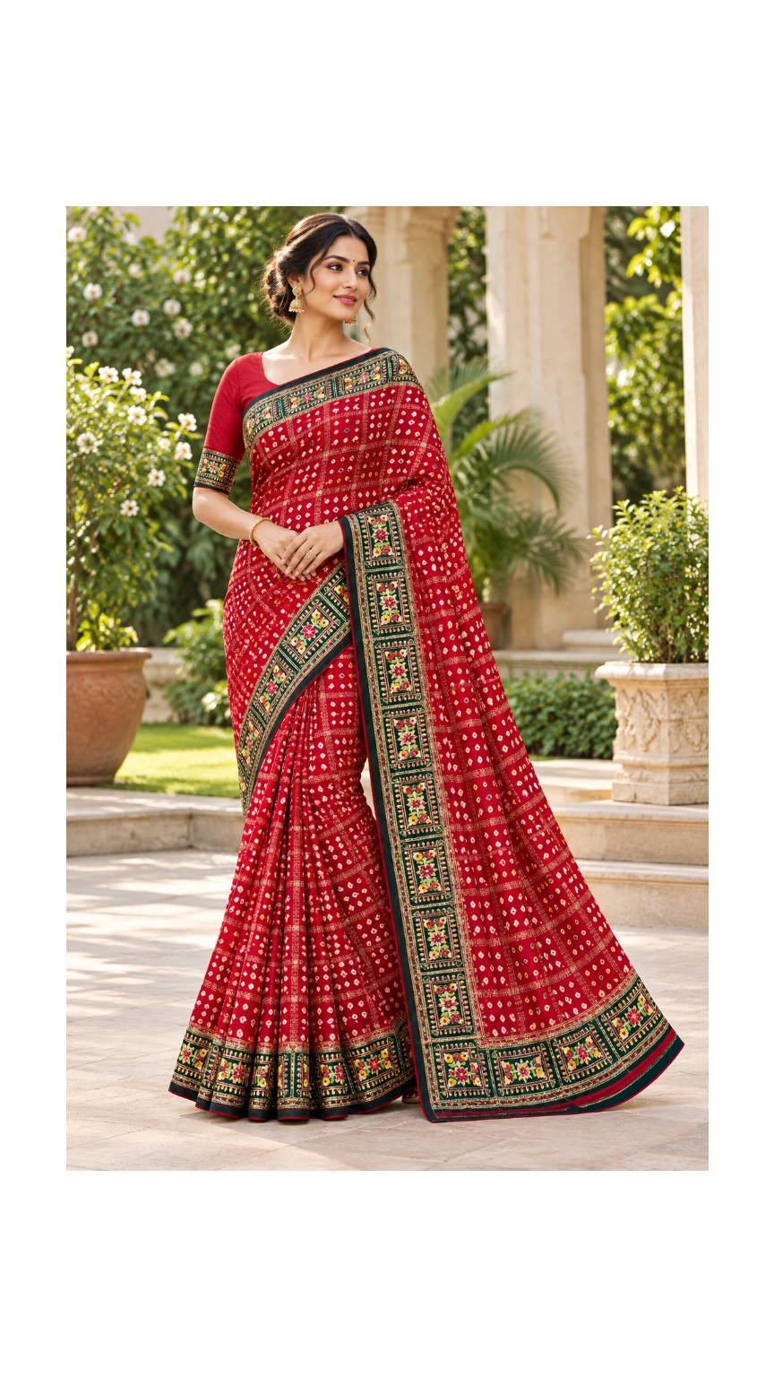 Crimson Red Bandhani Silk Saree Main image