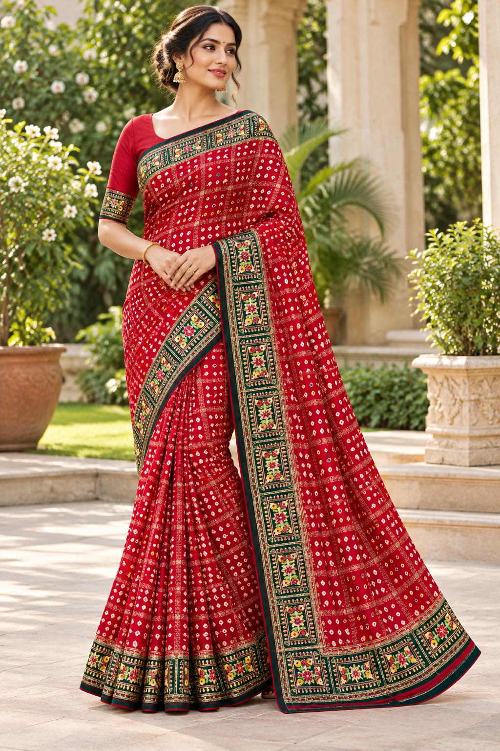 Crimson Red Bandhani Silk Saree