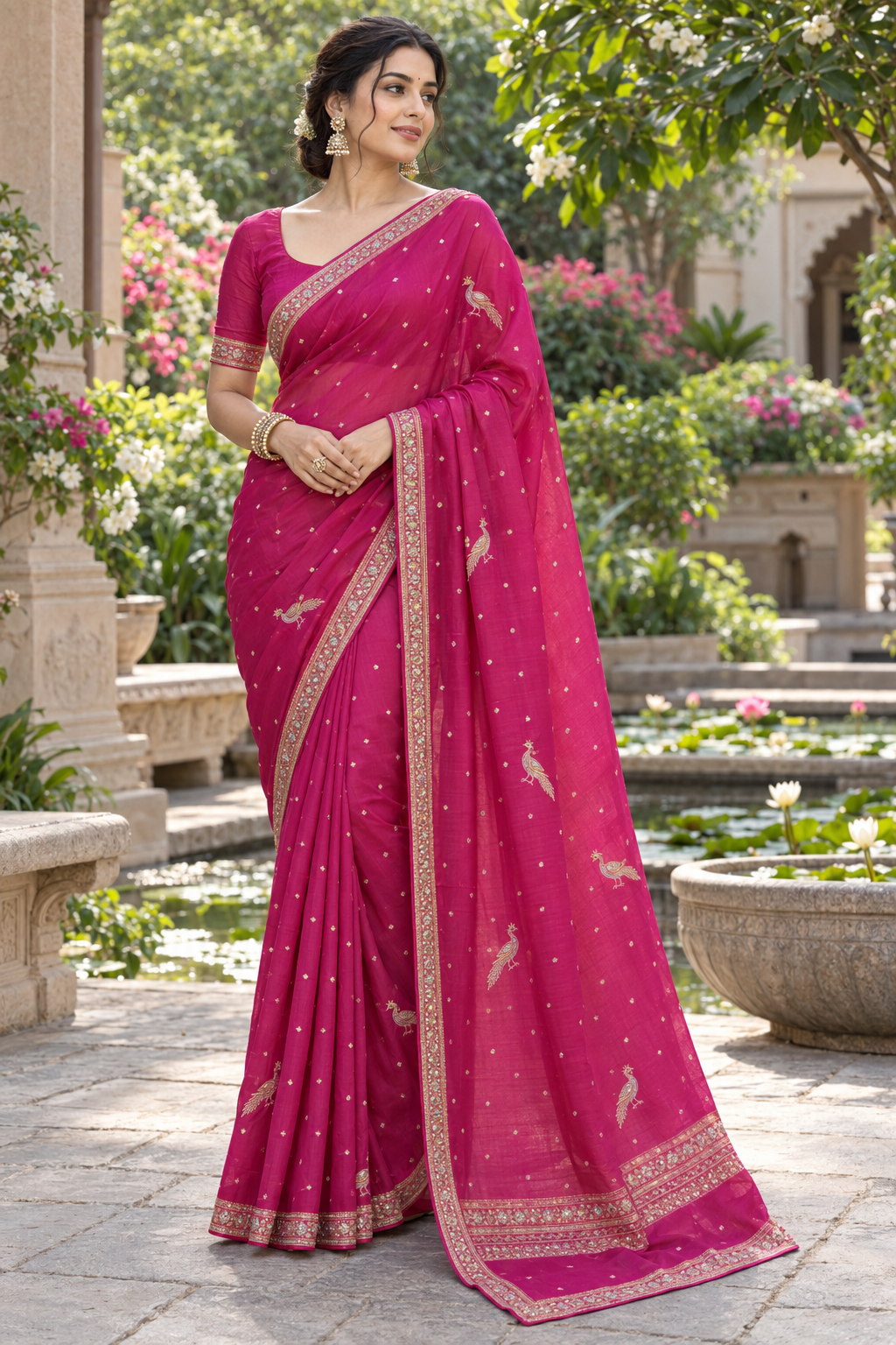 Rani Pink Silk Saree with Gold Peacock Embroidered Motifs & Zardozi Border