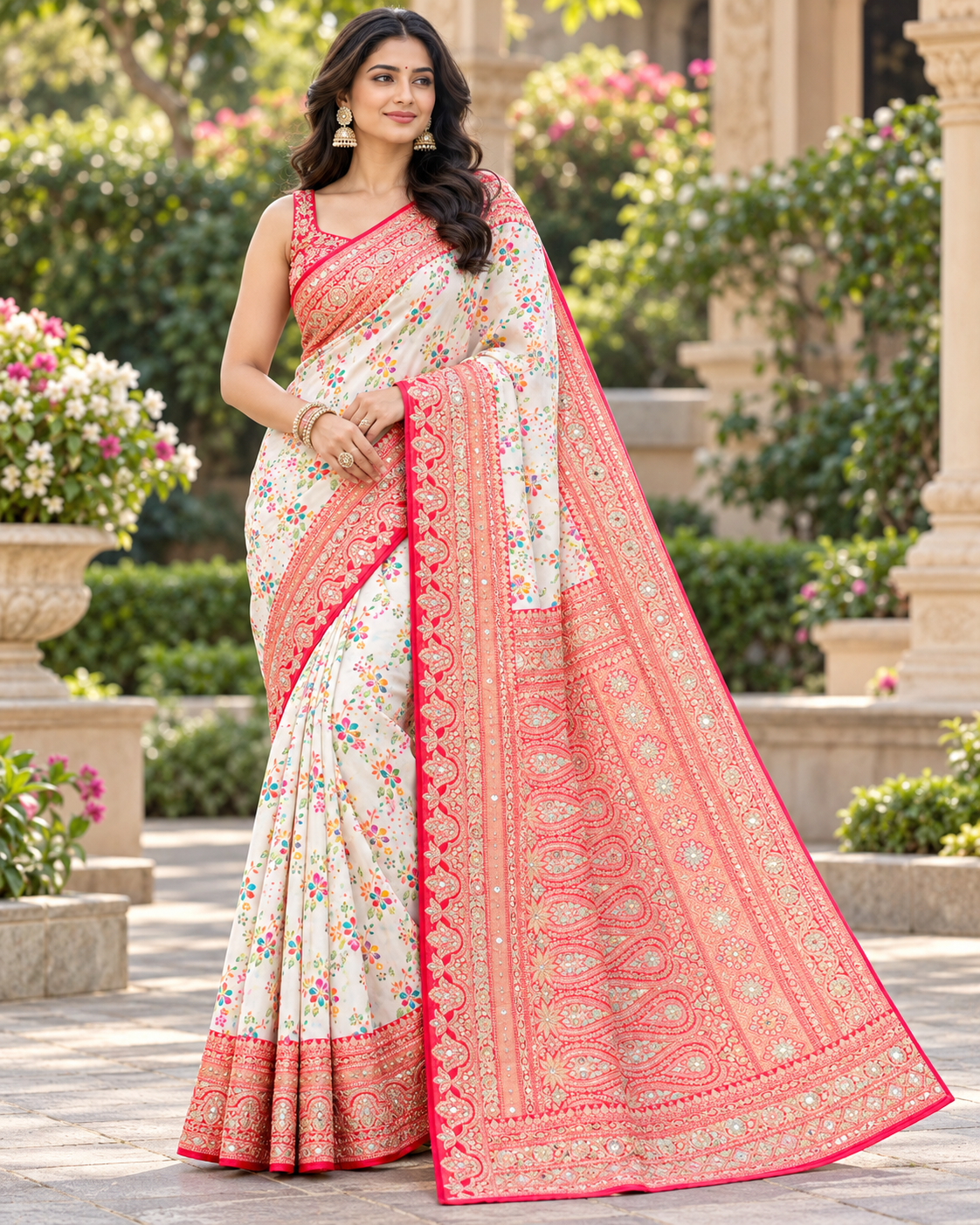 Off White Floral Printed Silk Saree Main image