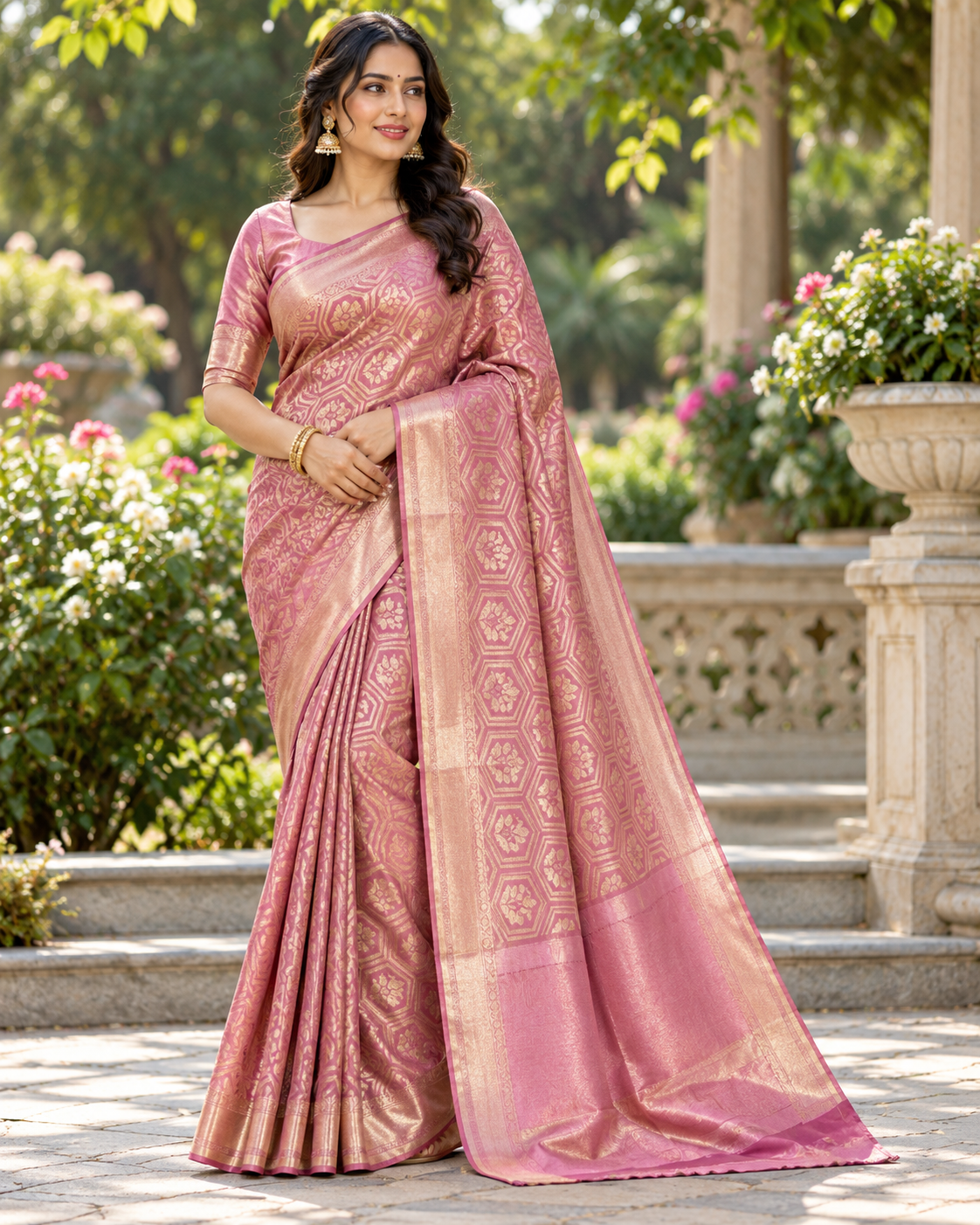 Pink Geometric Zari Silk Saree Main image