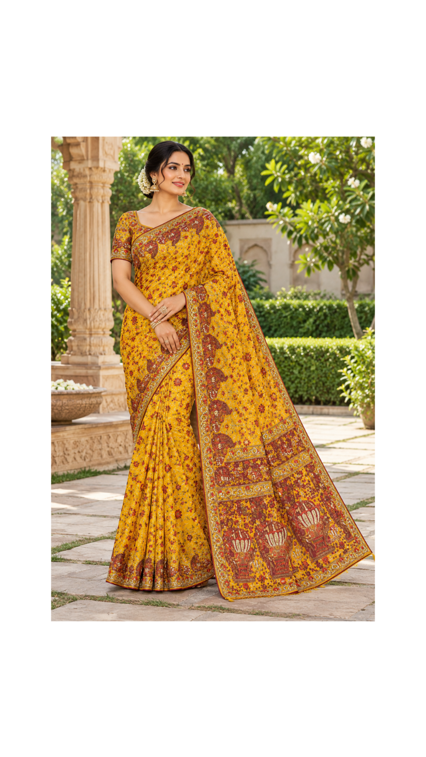 Mustard Yellow Paisley Silk Saree