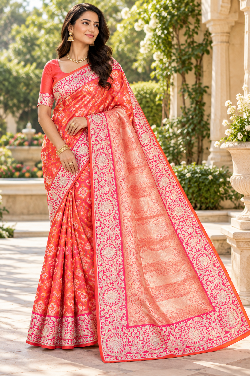 Peach Coral Bandhani Silk Saree Main image