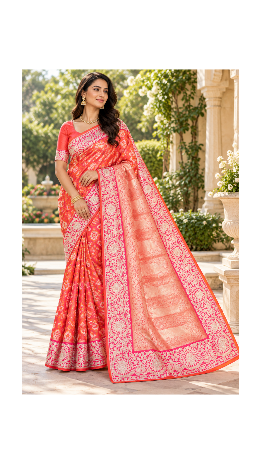 Peach Coral Bandhani Silk Saree Main image