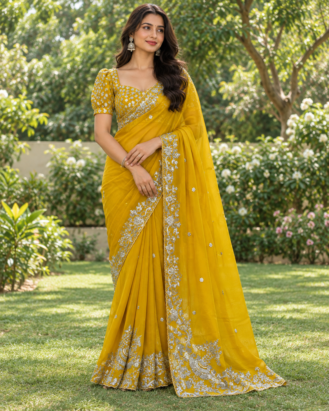 Elegant Mustard Yellow Embellished Saree