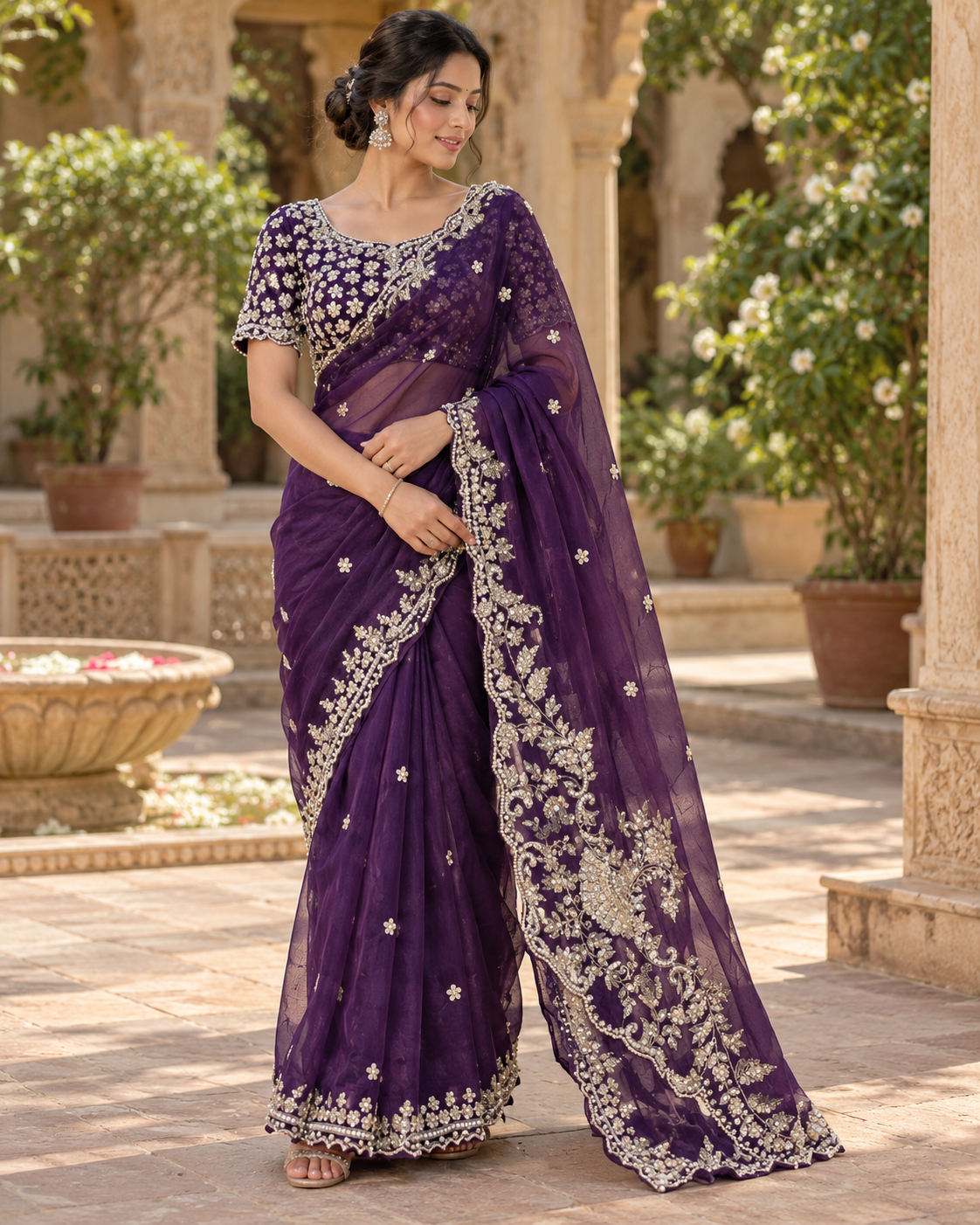Deep Purple Sheer Embroidered Saree