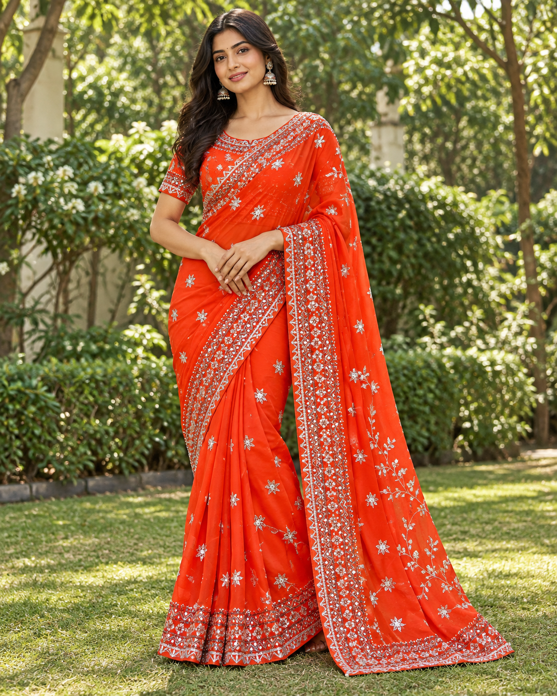 Radiant Orange Embroidered Party Saree