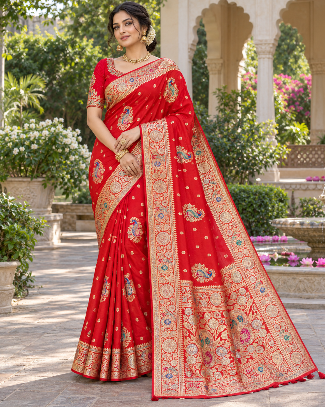 Scarlet Red Silk Banarasi Saree with Gold Zari Peacock Paisley Motifs & Meenakari Brocade Pallu