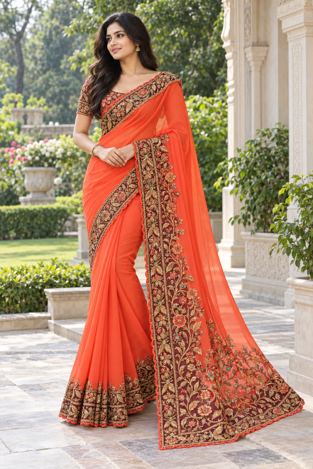 Bright Coral Orange Georgette Saree with Maroon Zardozi Floral Velvet Border