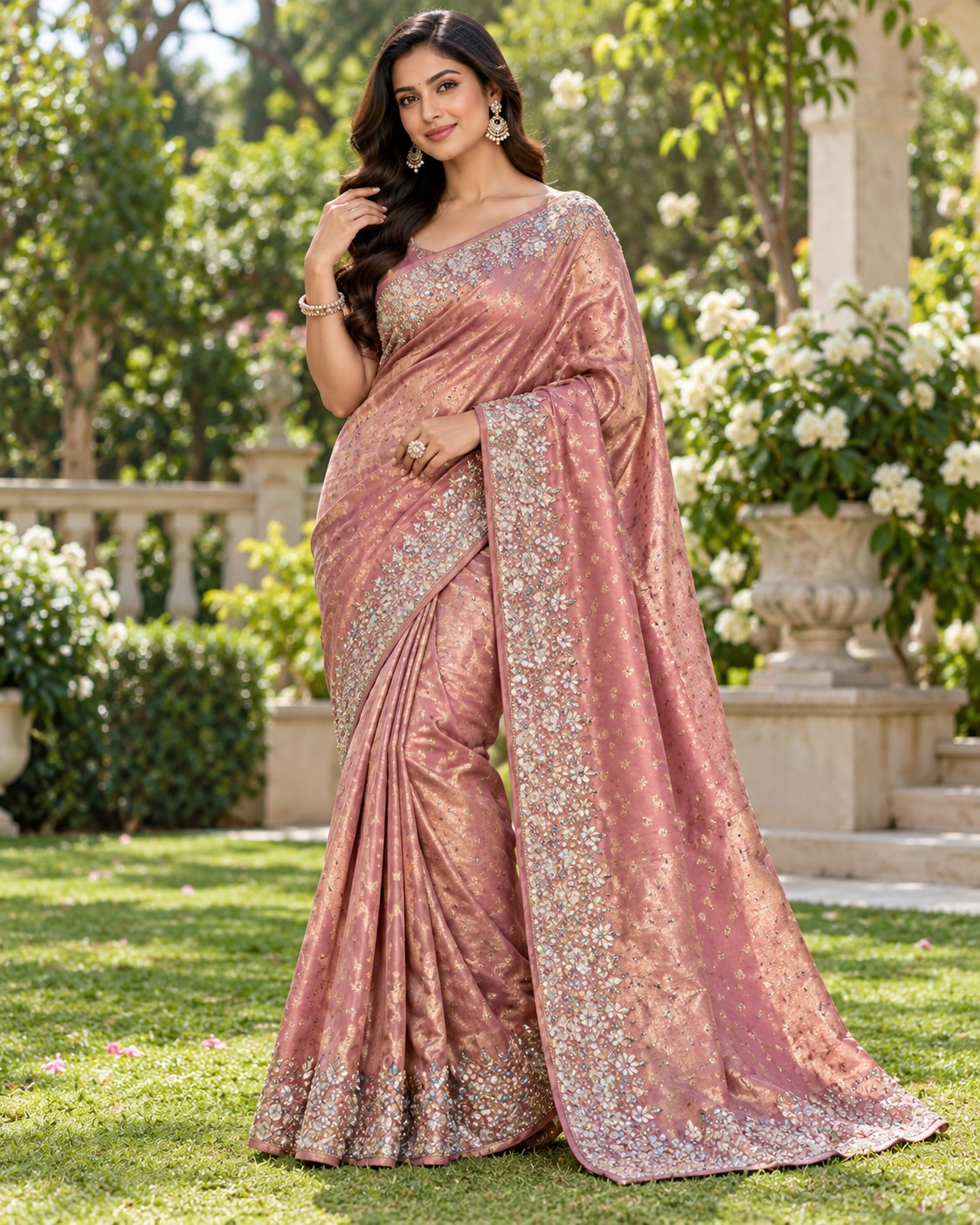 Blush Pink Embroidered Tissue Saree