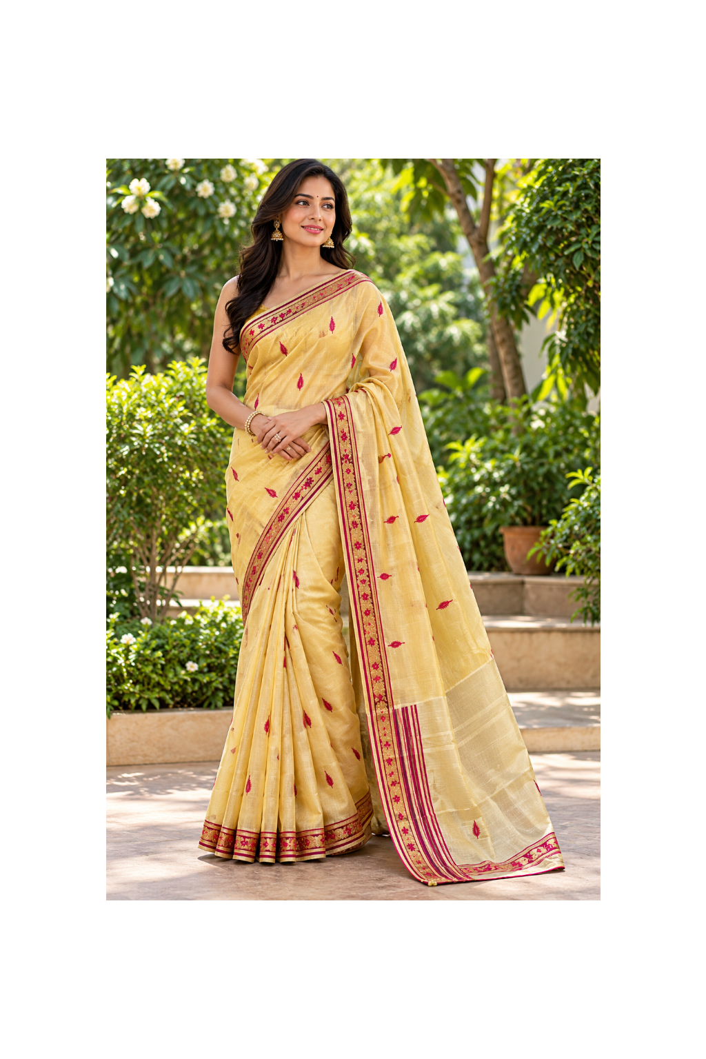 Golden Yellow Leaf Silk Saree Main image