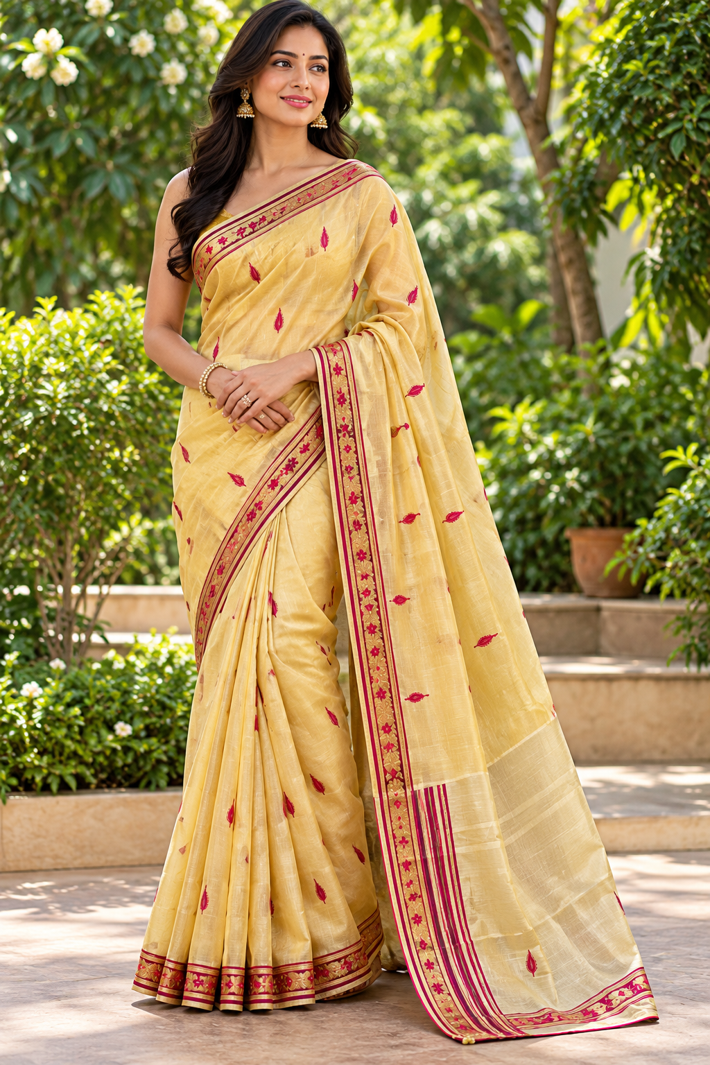 Golden Yellow Leaf Silk Saree