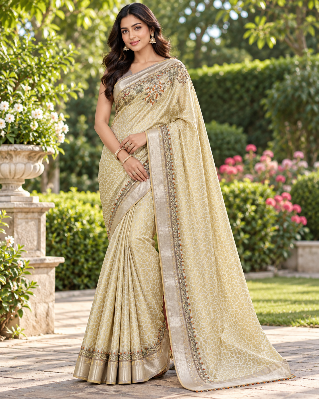 Beige Geometric Printed Silk Saree