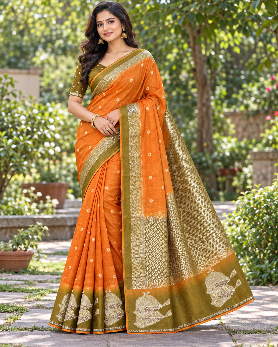 Vibrant Orange Banarasi Silk Saree Main image