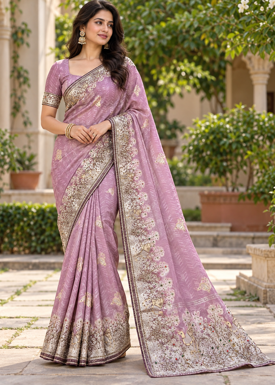 Lilac Purple Silk Saree with Chevron Weave & Embroidered Tree-of-Life Cutwork Border Main image