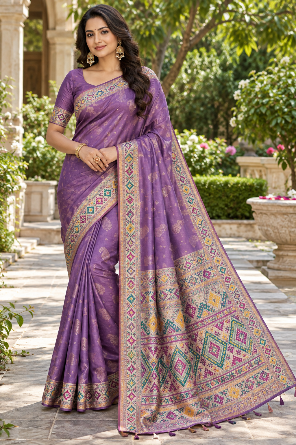 Lavender Purple Silk Saree with Geometric Meenakari Border & Intricate Ikat Pallu