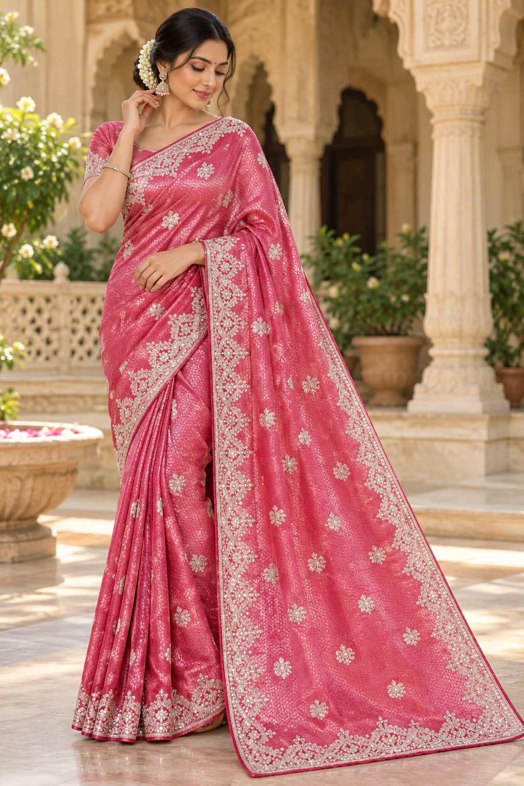Rose Pink Jacquard Silk Saree with Silver Zardozi Embroidery & Intricate Geometric Brocade Pallu