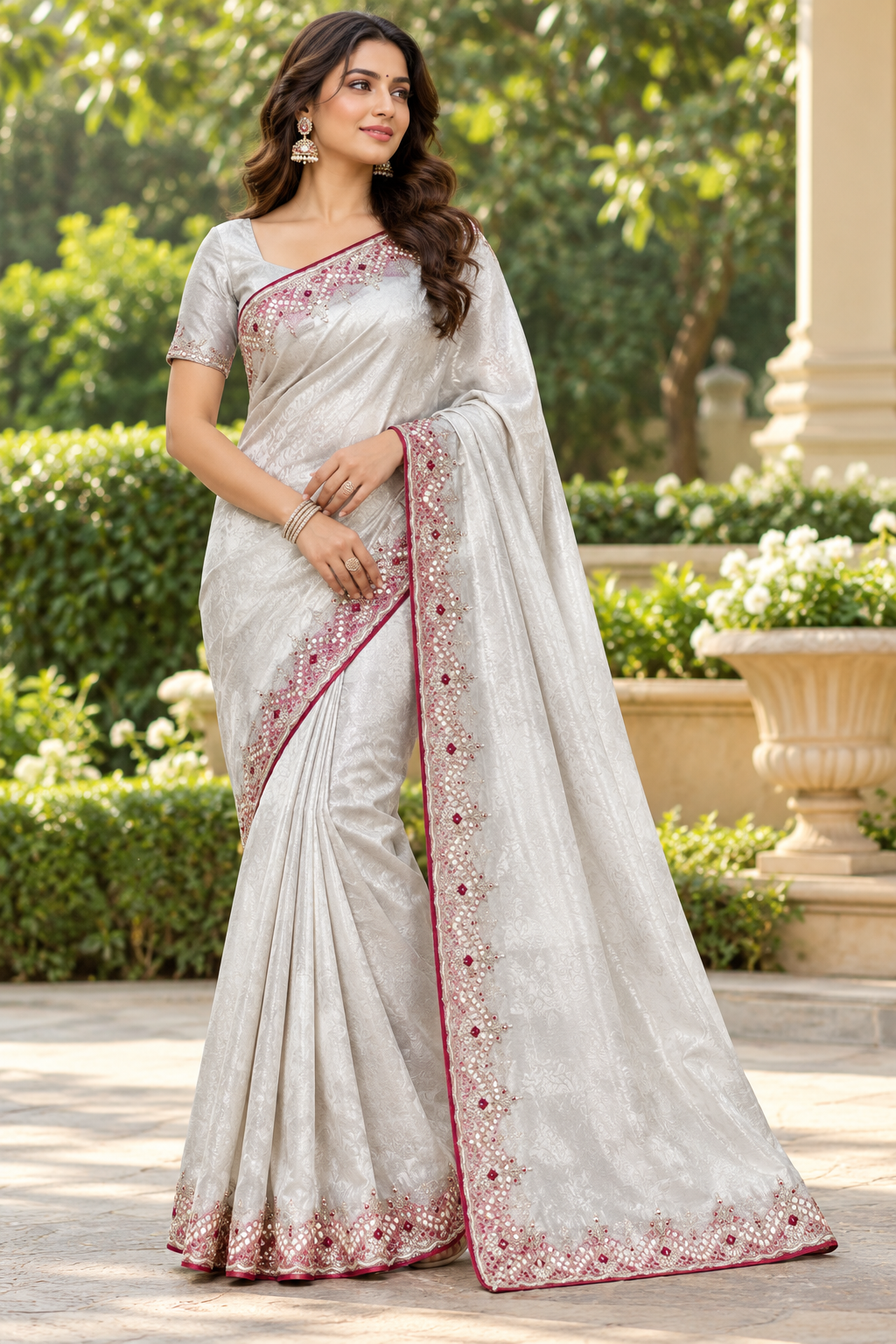 Rose Pink Jacquard Silk Saree with Silver Zardozi Embroidery & Intricate Geometric Brocade Pallu