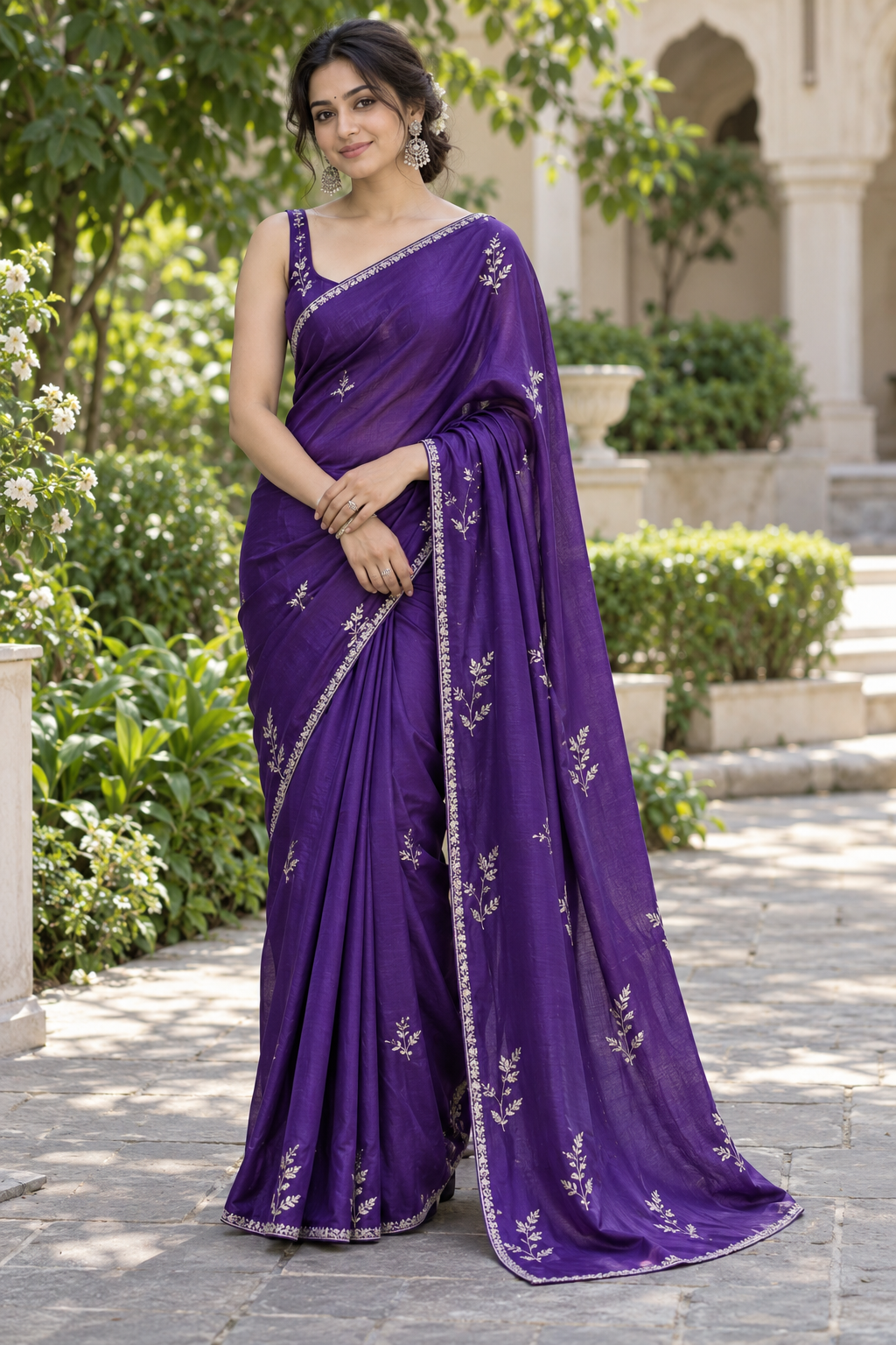 Deep Royal Purple Silk Saree with Silver Zardozi Floral Sprigs & Delicate Border