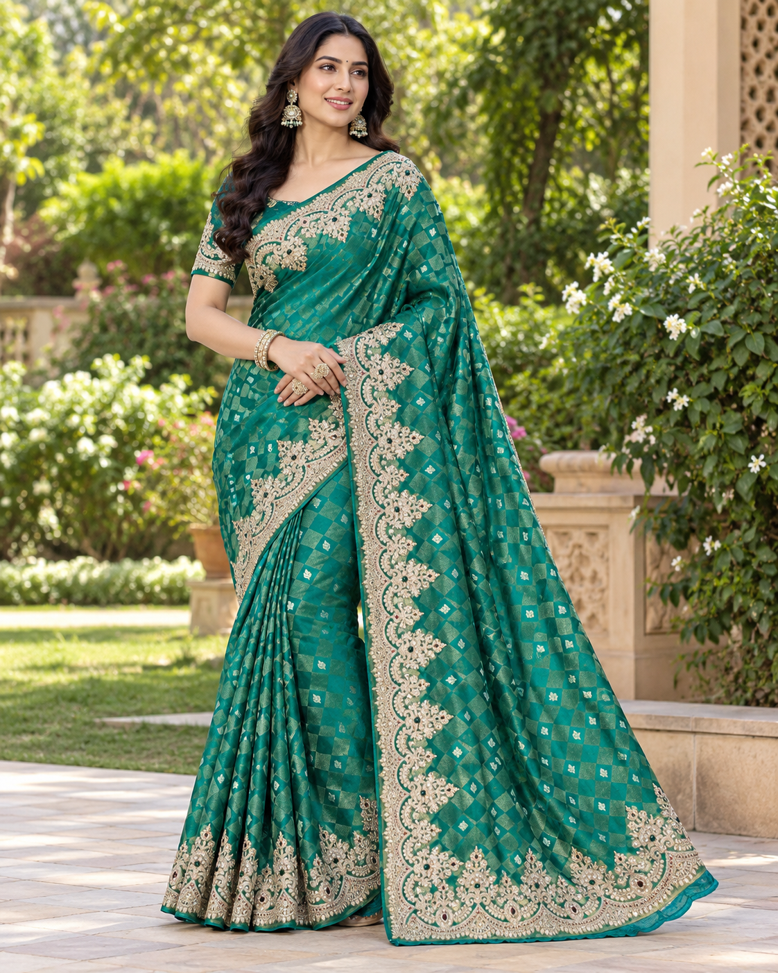 Teal Green Checked Silk Saree