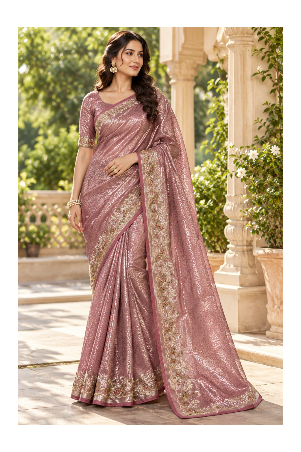 Dusty Rose Pink Metallic Tissue Saree