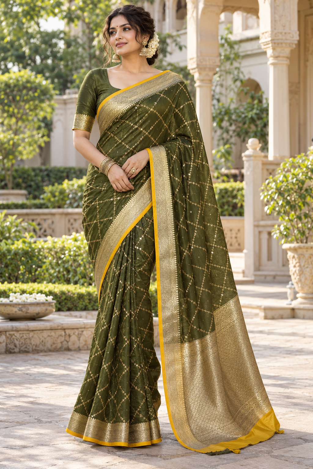Olive Green Silk Saree with Gold Zari Geometric Jaal & Yellow Contrasting Piping