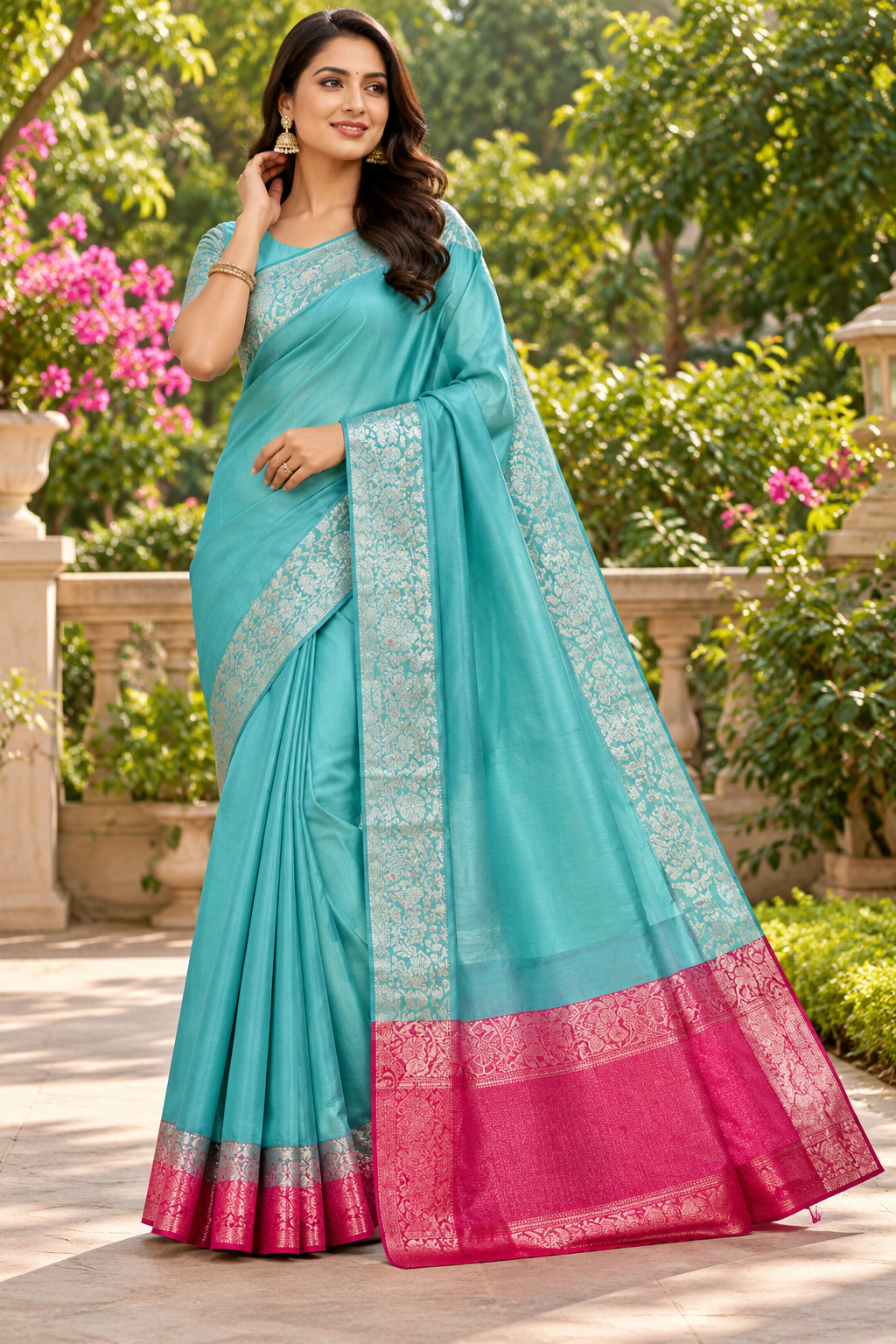 Turquoise Blue Contrast Silk Saree