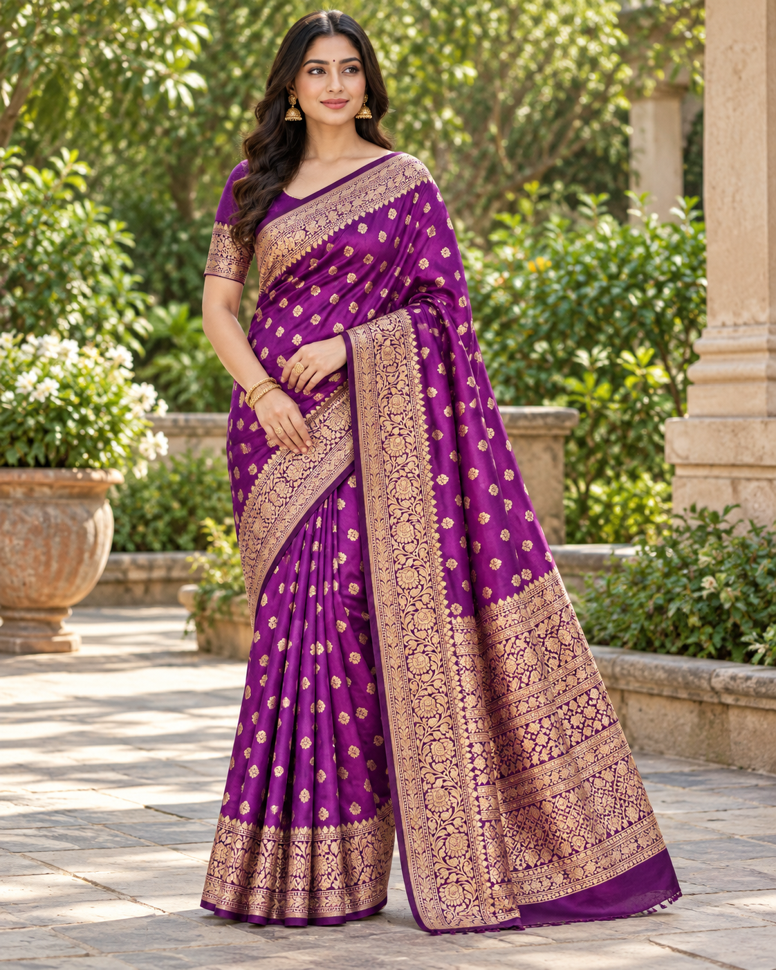 Purple Banarasi-Style Saree with Golden Zari Floral Butta Motifs Main image