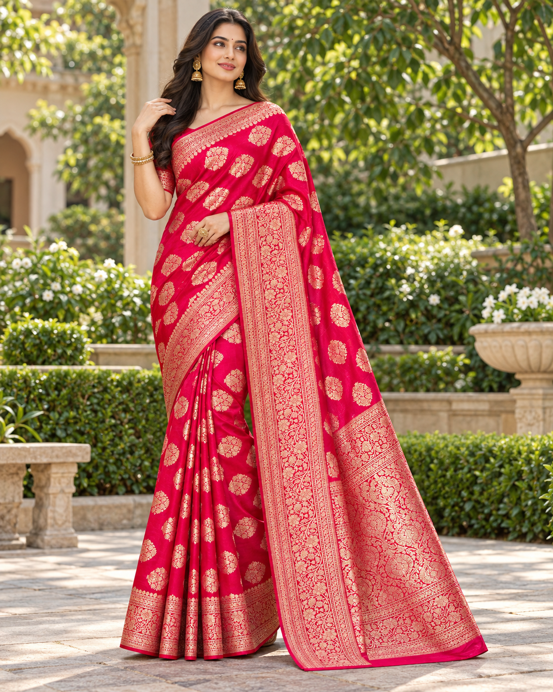 Rani Pink Banarasi-Style Saree with Golden Zari Floral Motifs Main image