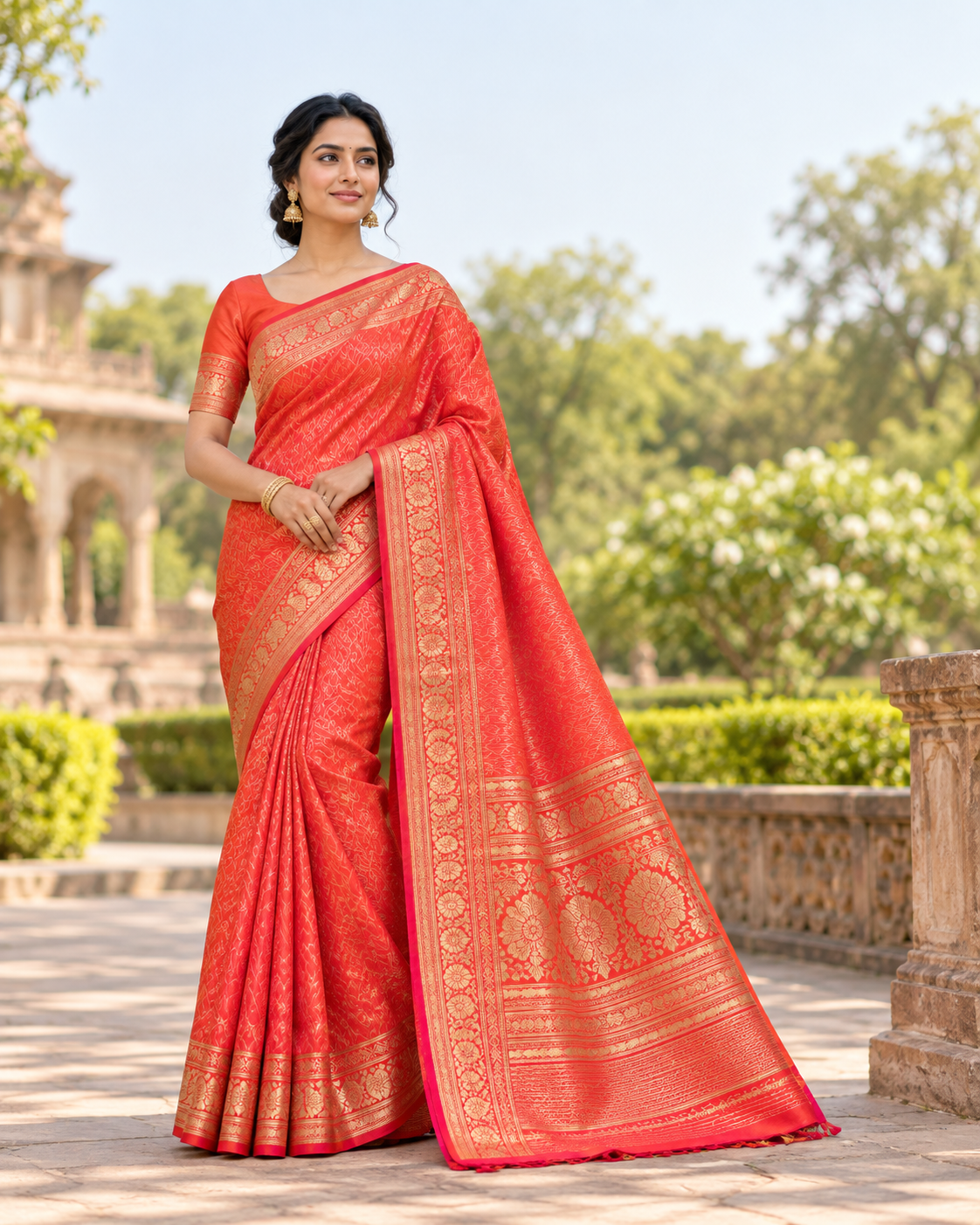 Coral Red Banarasi-Style Saree with Golden Zari Floral Border Main image