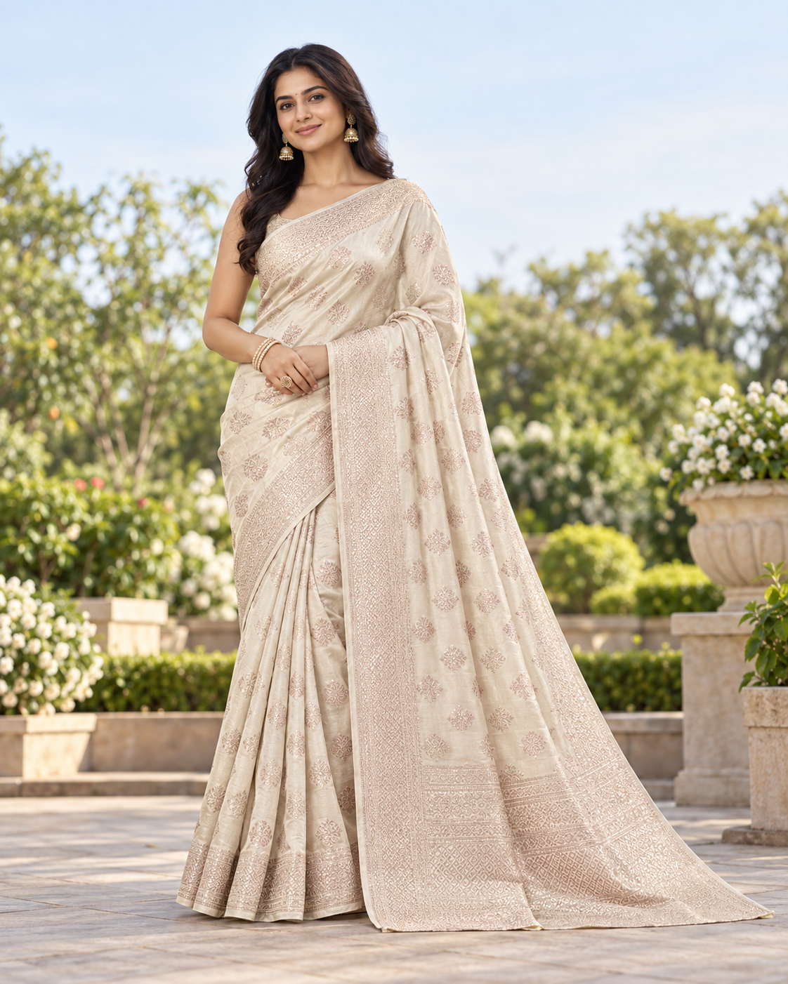 Cream Banarasi-Style Saree with Rose Gold Floral Motifs Main image