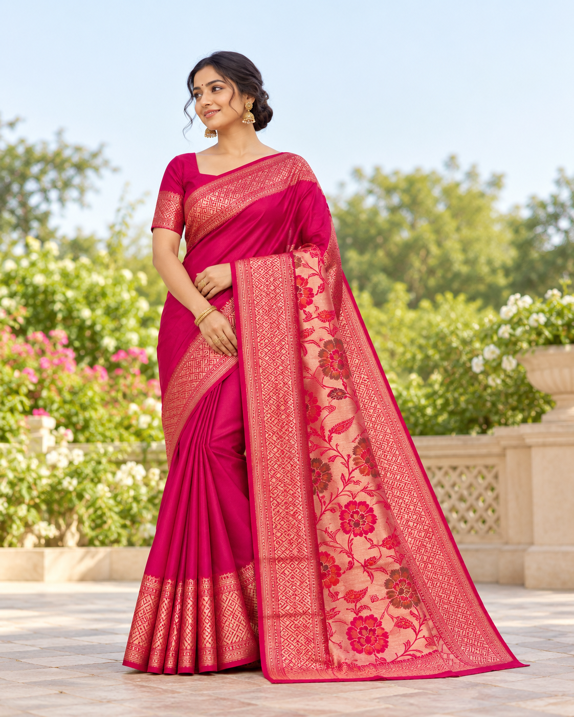Rani Pink Banarasi Silk Saree with Woven Gold Zari Geometric Border & Floral Pallu