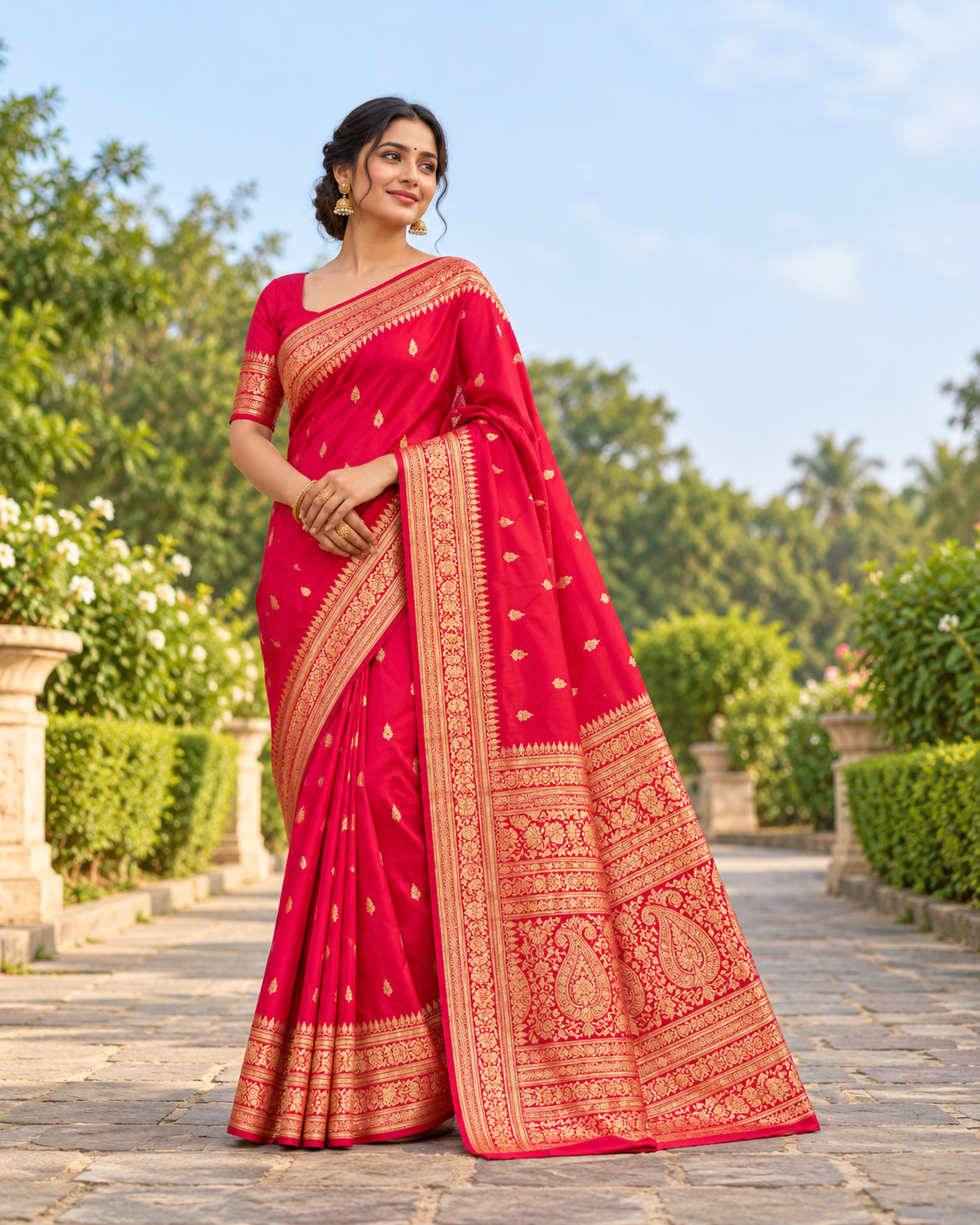 Rani Pink Banarasi-Style Saree with Golden Zari Butta Motifs Main image