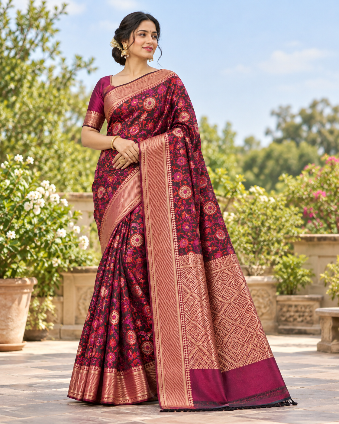 Wine Purple Designer Saree with Multicolour Floral Motifs