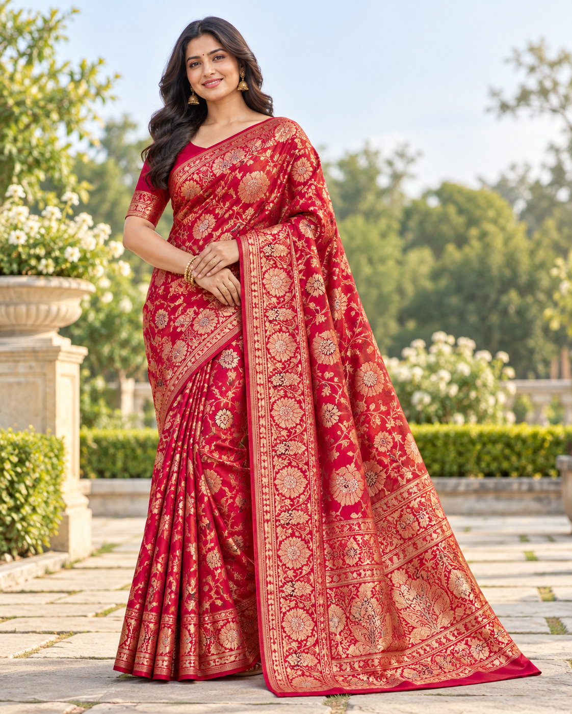 Red Banarasi-Style Saree with Golden Zari Floral Motifs