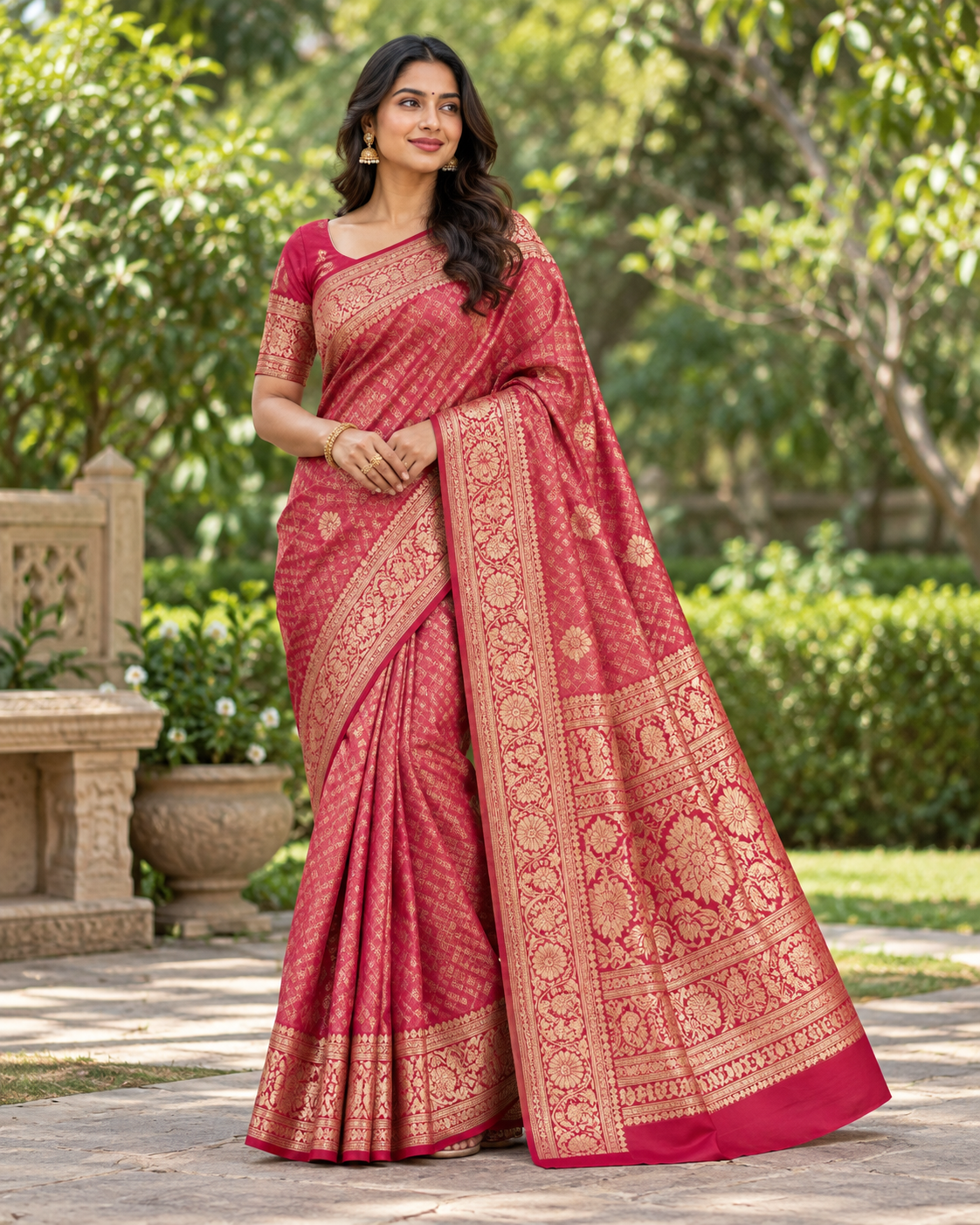 Elegent Rani Pink Banarasi-Style Saree with Golden Zari Floral Motifs Main image