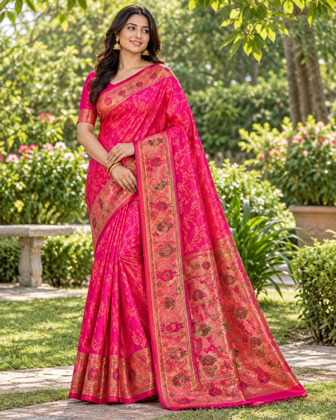 Rani Pink Banarasi-Style Saree with Golden Floral Vine Motifs Main image