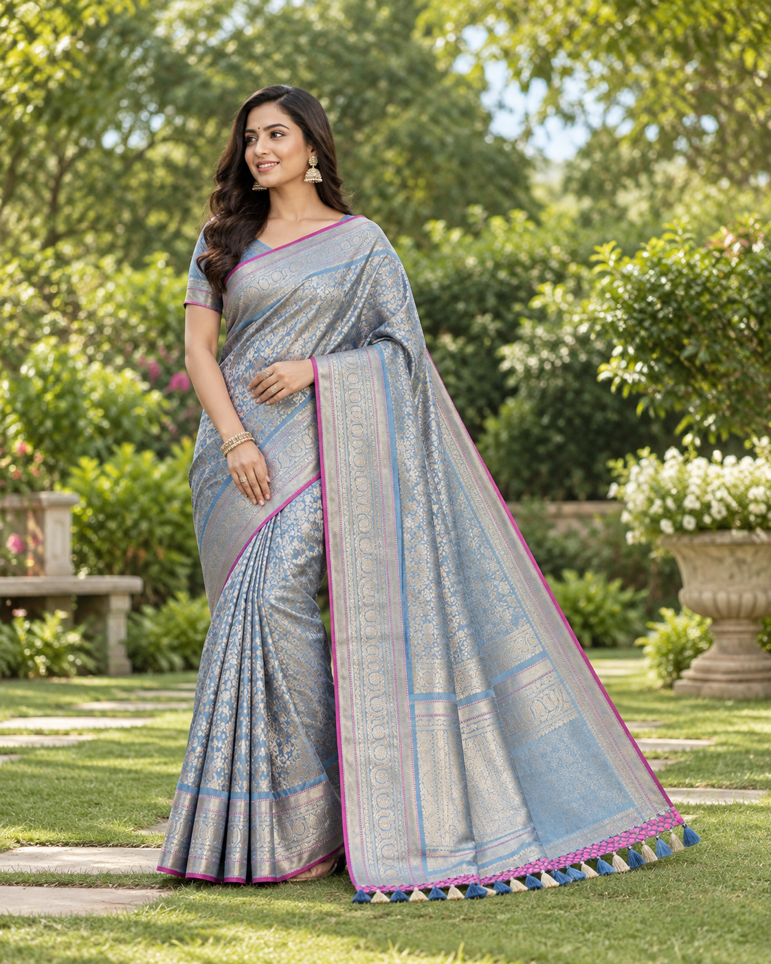 Slate Blue Banarasi Silk Saree with Woven Silver Zari Brocade & Pink Piping Trim