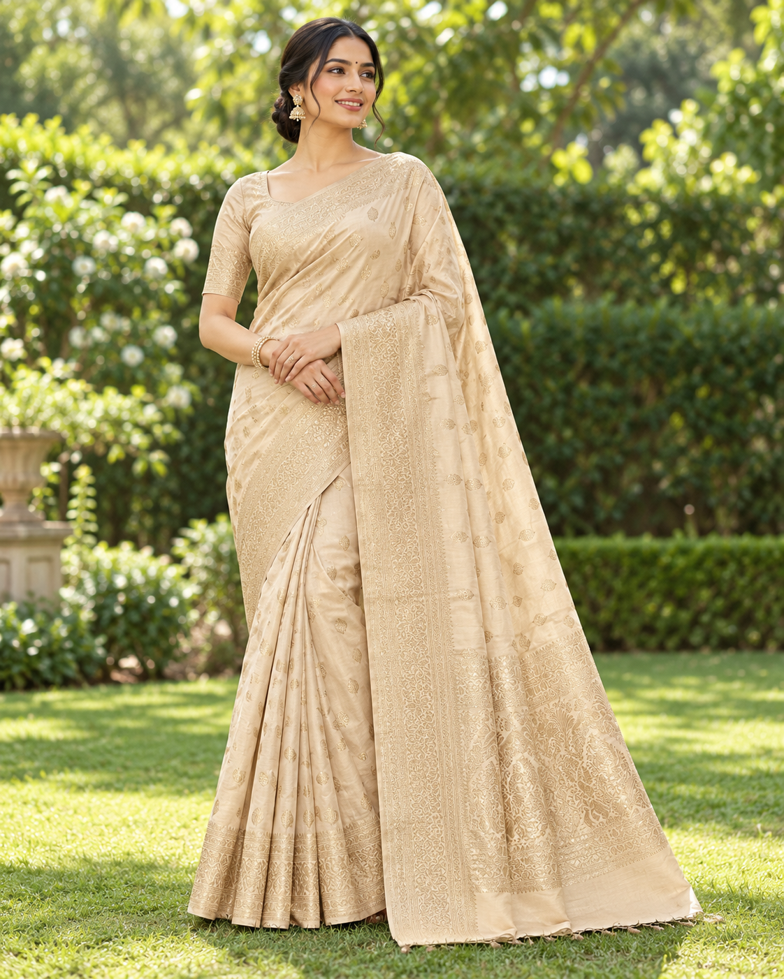 Ivory Banarasi-Style Saree with Golden Zari Butta Motifs Main image