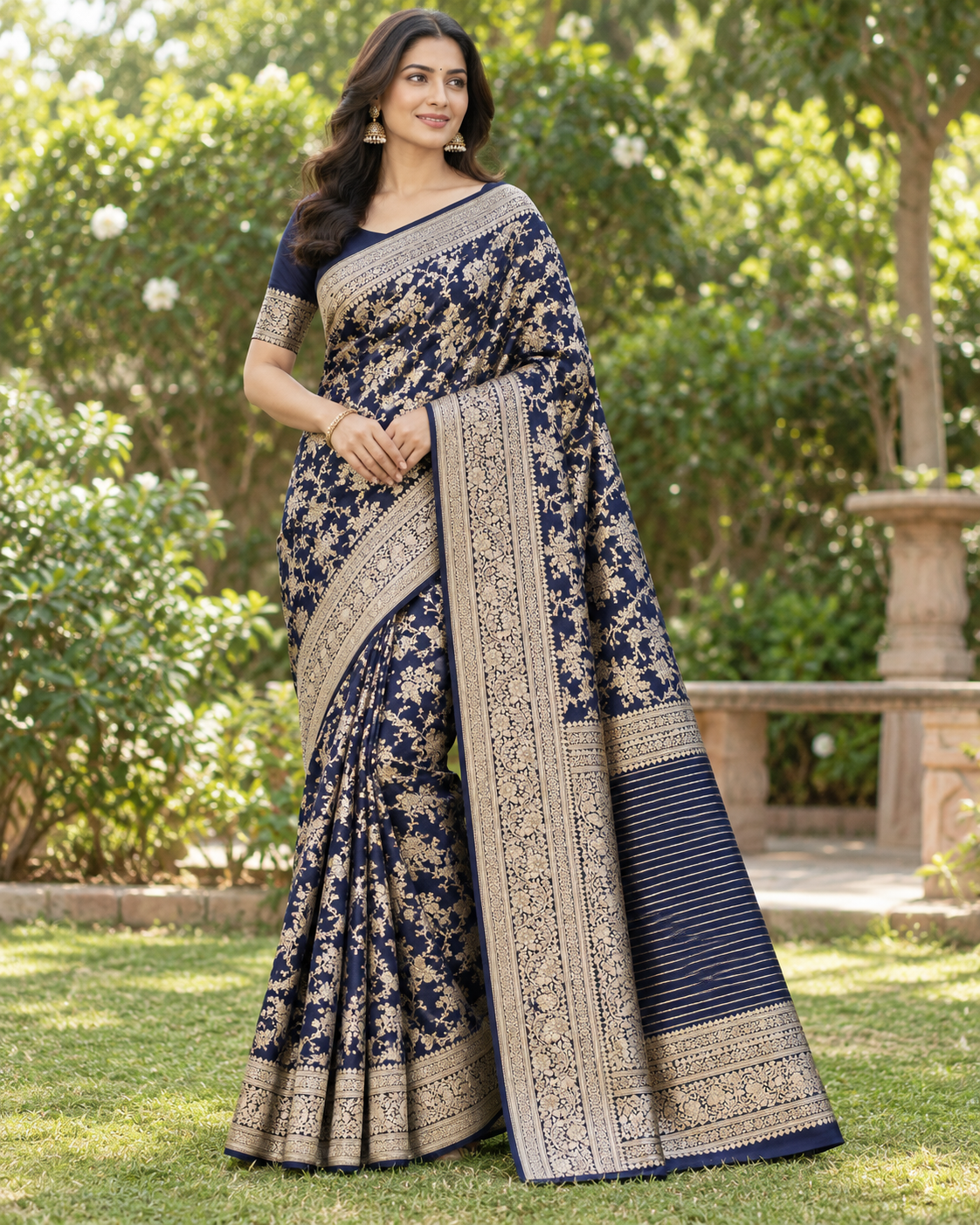 Blue Banarasi-Style Saree with Golden Zari Floral Jaal Work