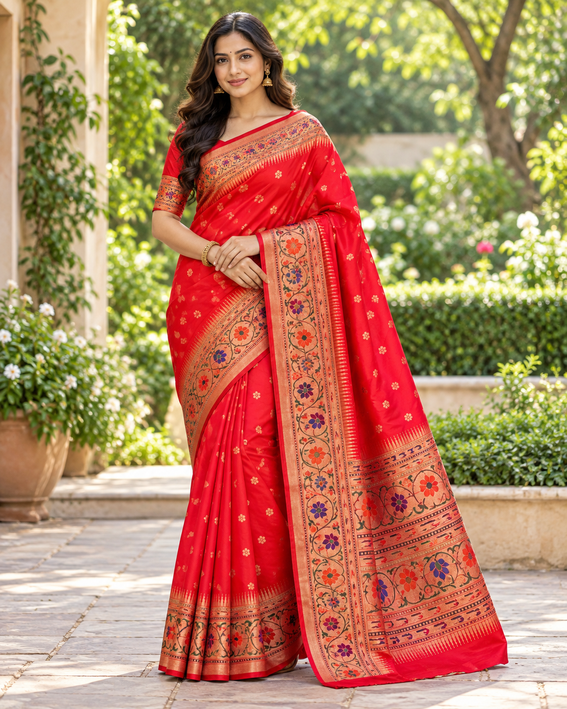 Elegant Red Designer Saree with Multicolour Floral Border