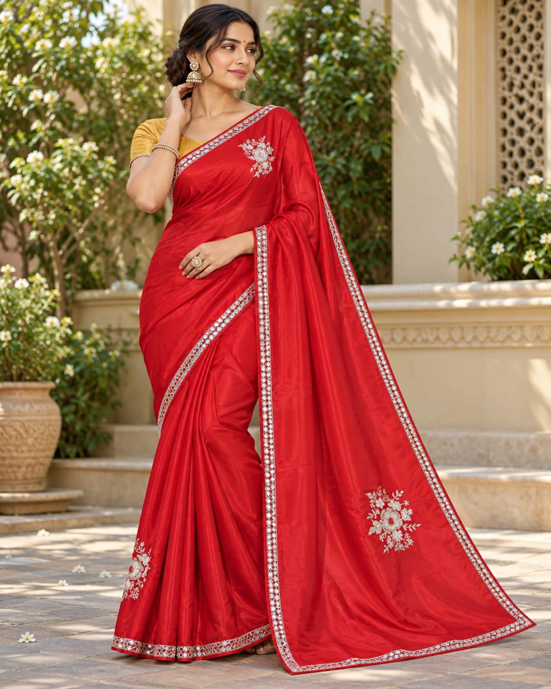 Crimson Red Saree with Silver Zari and Mirror Work Border