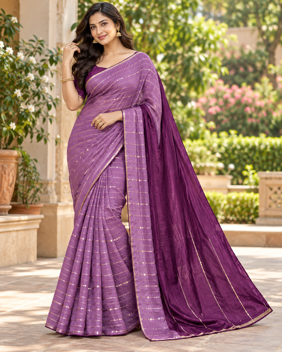 Coral Red Sequined Saree with Green Embroidered Blouse