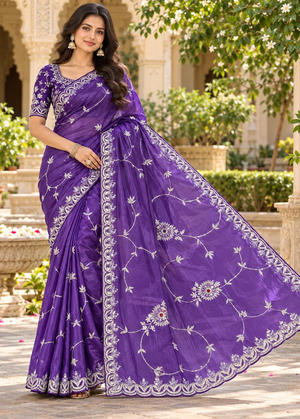 Royal Purple Silk Saree with Floral Jaal & Silver Zardozi Scalloped Border
